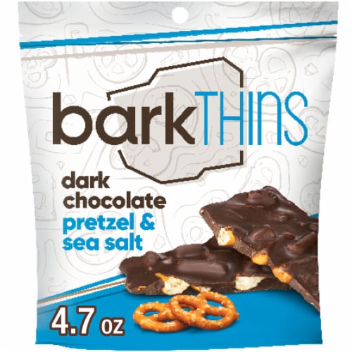 barkTHINS Dark Chocolate Pretzel and Sea Salt Snacking Chocolate Bag Perspective: front