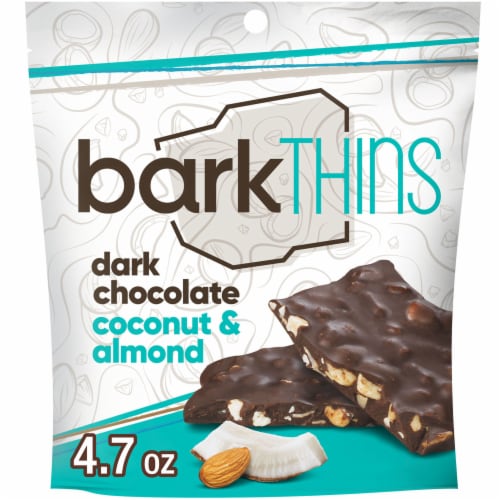 barkTHINS Dark Chocolate Coconut and Almond Snacking Chocolate Bag Perspective: front