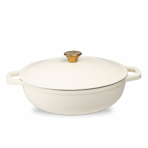 5 Quart Enameled Cast Iron Round Dutch Oven Braiser, Cream, 1