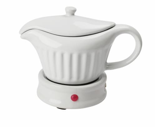 14 oz White Ceramic Electric Gravy Boat Warmer with Lid and Detachable Power Cord Perspective: front