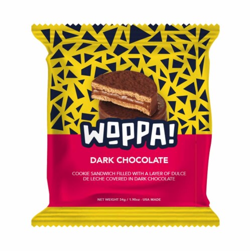 Woppa! Alfajores Dark Chocolate Dulce de Leche Cookie Sandwich Perspective: front