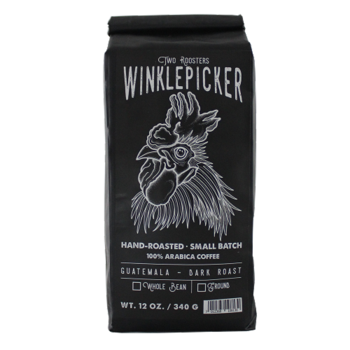 Two Roosters Winklepicker Dark Roast Whole Bean Coffee Perspective: front