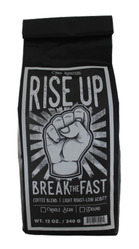 Two Roosters Rise Up Break the Fast Blend Light Roast Whole Bean Coffee Perspective: front
