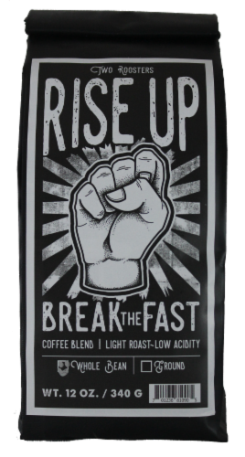 Two Roosters Rise Up Break the Fast Blend Light Roast Whole Bean Coffee Perspective: front
