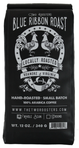 Two Roosters Blue Ribbon Roast Whole Bean Coffee Perspective: front