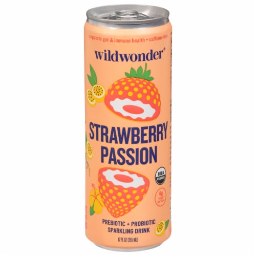 Wildwonder® Strawberry Passion Prebiotic and Probiotic Sparkling Drink Perspective: front