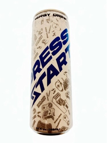 Press Start Energy Drink Can Perspective: front