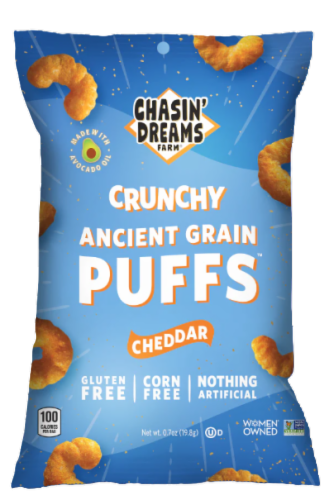 Chasin' Dreams Farm® Crunchy Ancient Grain Puffs™ Cheddar Perspective: front