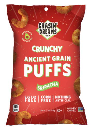 Chasin' Dreams Farm® Crunchy Ancient Grain Puffs™ Sriracha Perspective: front