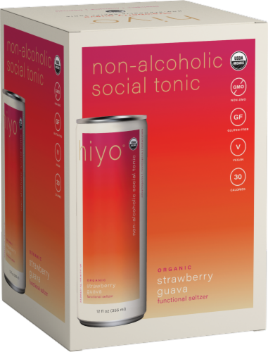 Hiyo Organic Strawberry Guava Non-Alcoholic Social Tonic Seltzer Cans Perspective: front
