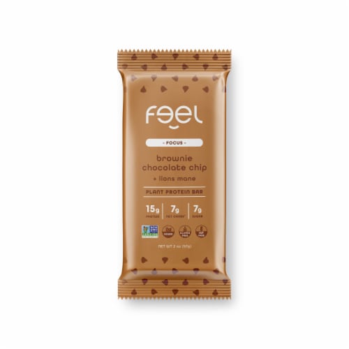 FEEL Focus Brownie Chocolate Chip + Lions Mane Plant Protein Bar Perspective: front