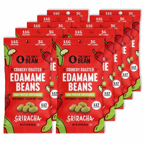 Crunchy Roasted Edamame (Sriracha), Healthy Snacks, Keto Gluten-Free & Vegan, 0.9 oz (10 Pk) Perspective: front