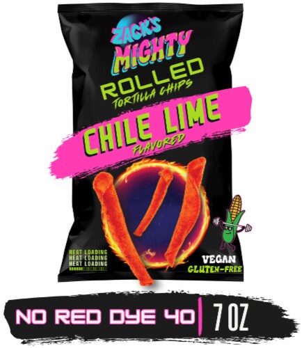 Zack's Mighty Chile Lime Rolled Tortilla Chips, 7 oz Film Bag, No Artificial Colors or Dye Perspective: front