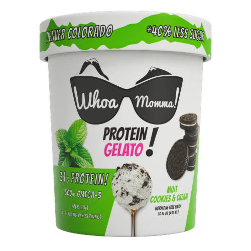 Whoa Momma! Mint Cookies and Cream Gelato Pint Perspective: front