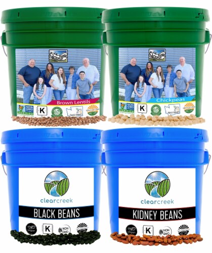 Clear Creek 100 LB Lentil Bundle: Beluga, Gold, Green, Red Lentils each in 25 LB Buckets Perspective: front