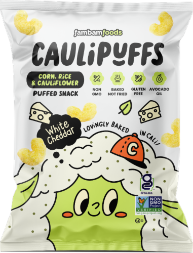Fambam Foods Caulipuffs White Cheddar Puffed Snack Perspective: front
