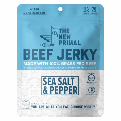 The New Primal Gluten Free Sea Salt & Pepper Grass Fed Beef Jerky Perspective: front