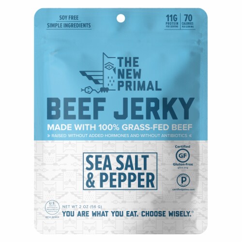 The New Primal Gluten Free Sea Salt & Pepper Grass Fed Beef Jerky Perspective: front