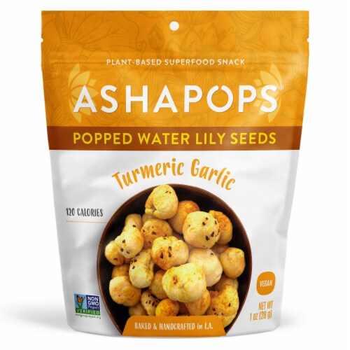 AshaPops Popped Water Lily Seeds Turmeric Garlic Popped Snack Perspective: front