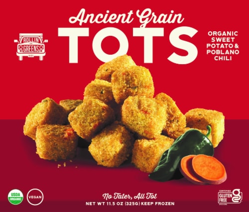 RollinGreens Organic Sweet Potato & Poblano Chili Ancient Grain Millet Tots Perspective: front