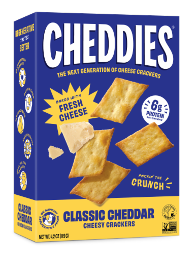 Cheddies® Classic Cheddar Baked Cheesy Crackers Box Perspective: front
