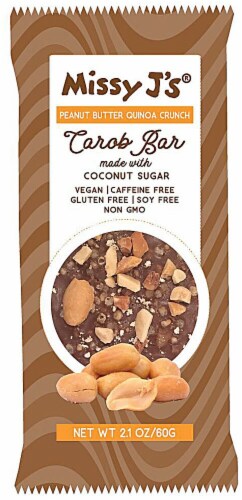 Missy J's  Carob Bar Vegan Gluten Free   Peanut Butter Quinoa Crunch Perspective: front
