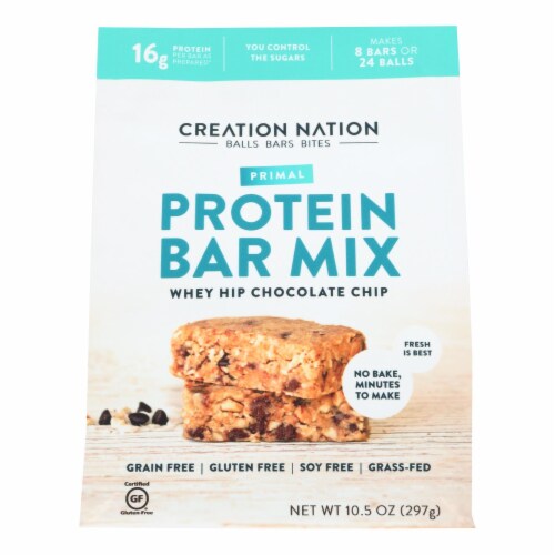 Creation Nation Whey Hip Chocolate Chip No Bake Gluten Free Protein Bar Mix Perspective: front