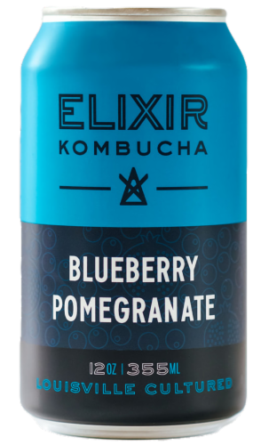 Elixir Blueberry Pomegranate Kombucha Beverage Perspective: front