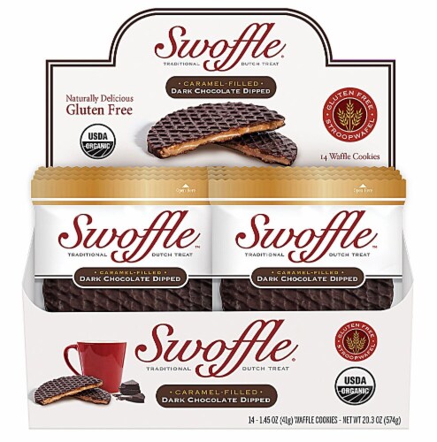 Swoffle  Organic Waffle Cookie Stroopwafel Gluten Free   Dark Chocolate Dipped Perspective: front