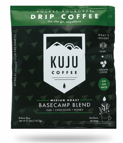 Kuju Coffee Pocket Pourover Medium Roast Basecamp Blend Single Serve Drip Coffee Perspective: front