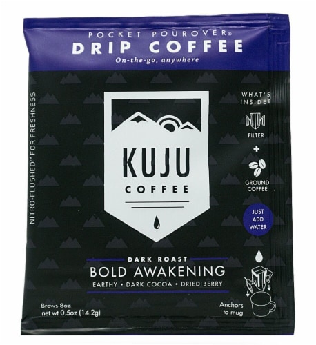 Kuju Coffee Pocket Pourover Dark Roast Bold Awakening Single Serve Drip Coffee Perspective: front