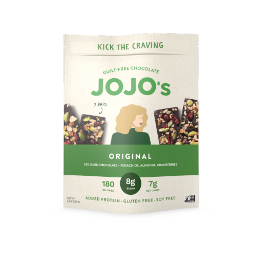 JOJO's Chocolate Original Pistachios Almonds & Cranberries Dark Chocolate Bar Perspective: front
