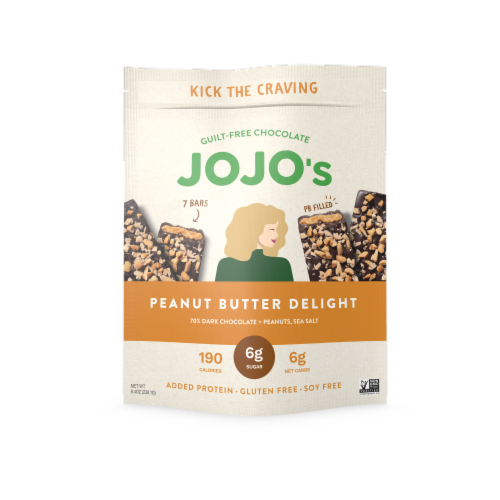 JOJO's Chocolate Peanut Butter Delight Peanuts & Sea Salt Dark Chocolate Bar Perspective: front