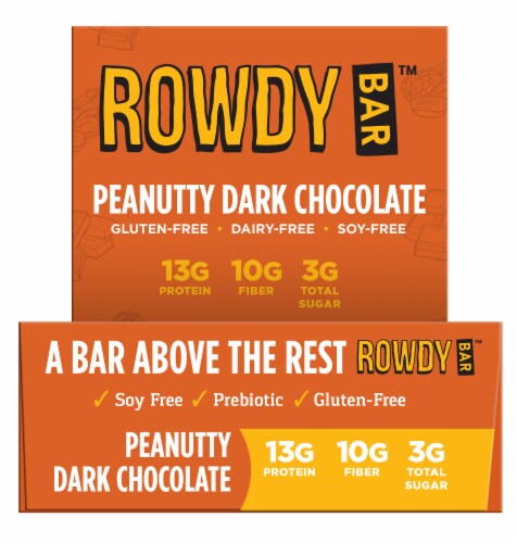 Rowdy Bar Peanutty Dark Chocolate Prebiotic Bar Perspective: front