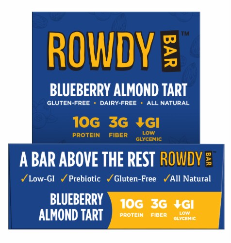 Rowdy Bar Blueberry Almond Tart Prebiotic Bar Perspective: front