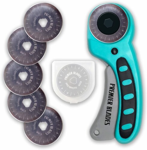 Premier Blades 45mm Rotary Cutter Tool (5 Extra Blades Included) Ergonomic Soft Handle Perspective: front
