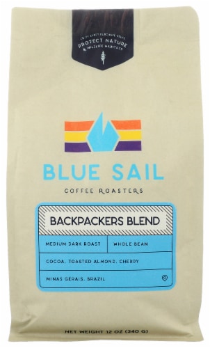 Blue Sail Coffee Backpacker's Blend Medium Dark Roast Whole Bean Coffee Perspective: front