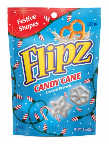 Flipz Holiday Candy Cane Covered Snowflake Shaped Pretzels Perspective: front