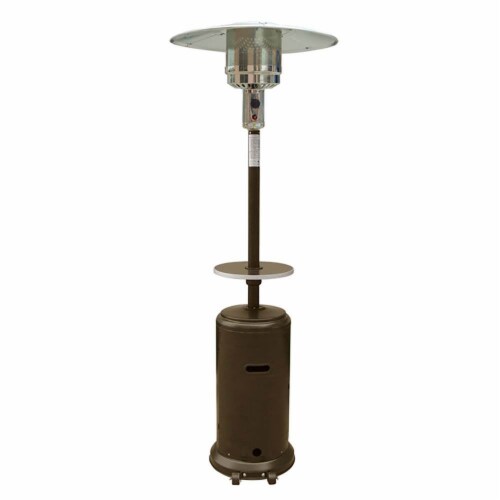 AZ Patio Tall Propane Outdoor Wheeled Patio Heater with Table, Hammered Bronze Perspective: front