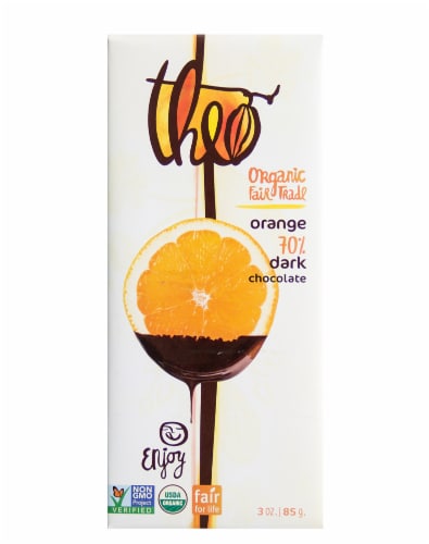 Theo Organic Fair Trade Orange 70% Dark Chocolate Candy Bar Perspective: front