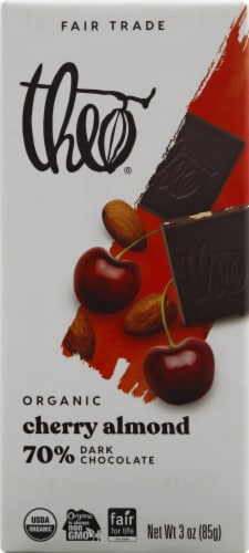 Theo Organic Cherry & Almond Dark Chocolate Bar Perspective: front