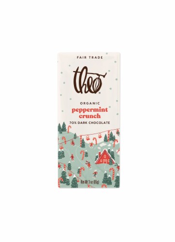 Theo Holiday Organic Peppermint Crunch 70% Dark Chocolate Bar Perspective: front