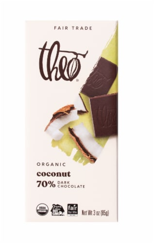 Theo Organic Fair Trade Coconut in 70% Dark Chocolate Perspective: front