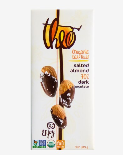 Theo Organic Fair Trade Salted Almond 70% Dark Chocolate Candy Bar Perspective: front