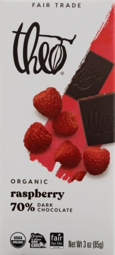 Theo Chocolate Raspberry 70% Dark Chocolate Perspective: front