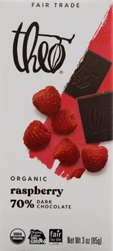 Theo® Chocolate Raspberry 70% Dark Chocolate Perspective: front