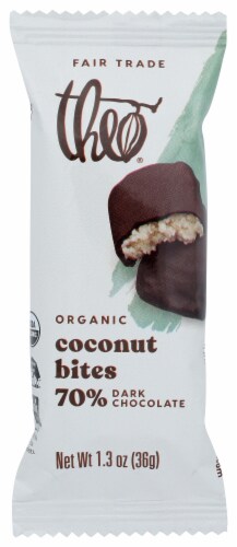 Theo Classic Coconut Bites With Dark Chocolate Bar Perspective: front