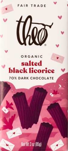Theo® Fair Trade Organic Salted Black Licorice 70% Dark Chocolate Bar Valentine Candy Perspective: front