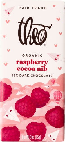 Theo Chocolate Raspberry Nib 55% Dark Chocolate Bar Valentine Candy Perspective: front