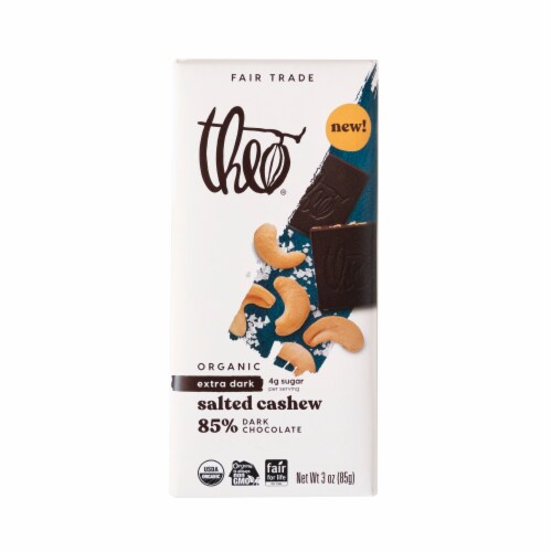 Theo Organic Extra Dark Salted Cashew 85% Dark Chocolate Perspective: front